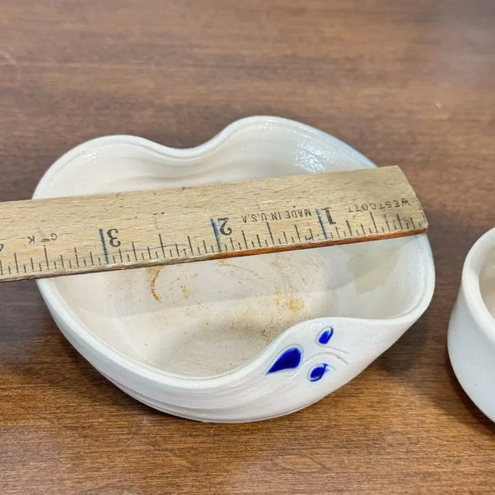 Vintage Handmade Pottery Candle Holder & Dish Set Cream Blue Studio Art Pottery